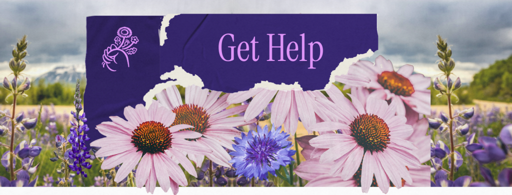 Get Help from Life's Helpline with (Re)Birth Revolution blue and pink wildflower meadow with blue torn paper