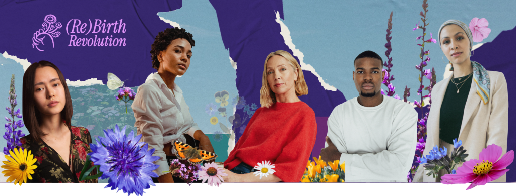 Four women and one man in wildflower (Re)Birth Revolution banner