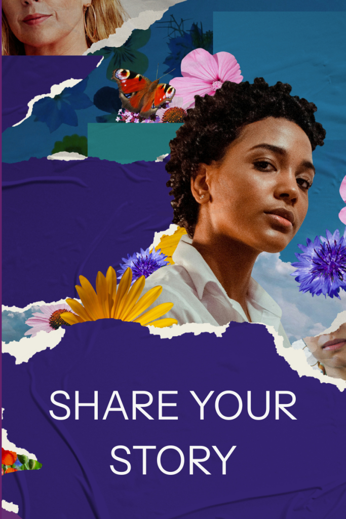 woman with African hairstyle in wildflowers and torn blue paper background and invitation to SHARE YOUR STORY with (Re)Birth Revolution